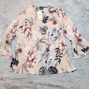 Jostar Shirt Womens M Biege Floral Top  Lightweight Blouse‎ Casual Sheer New